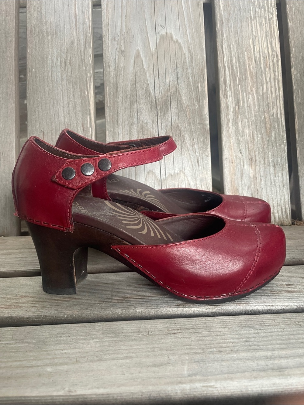 Dansko Red Leather Mary Jane Heels with Ankle Strap